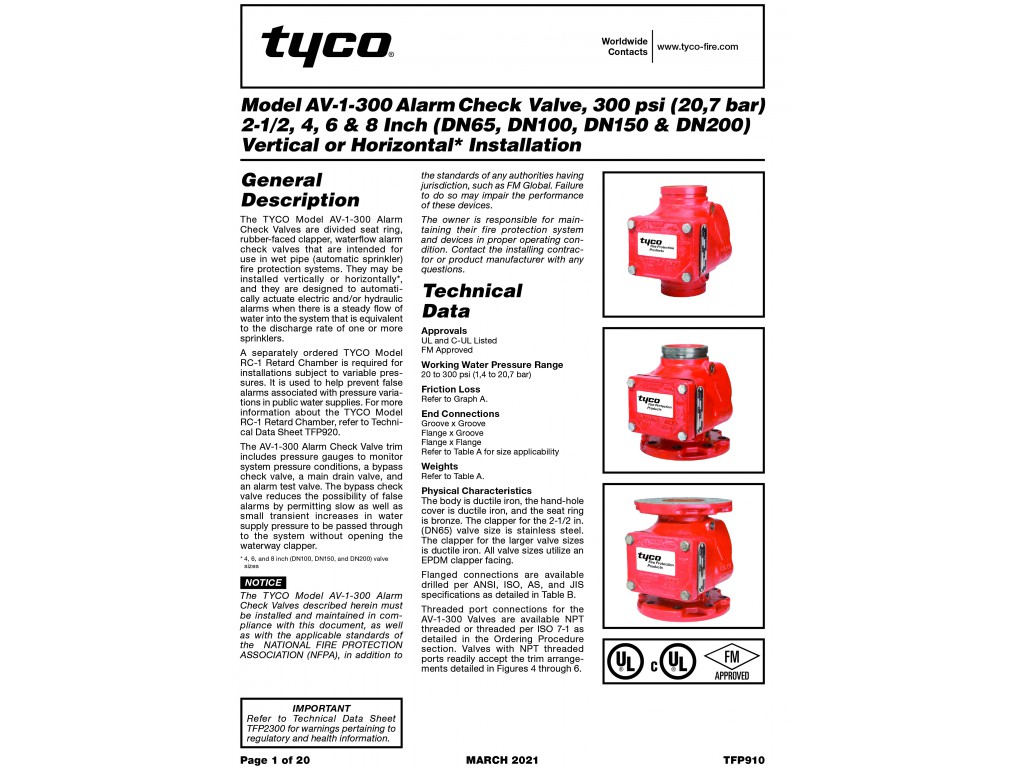 TYCO AV-1-300 Alarm Valve